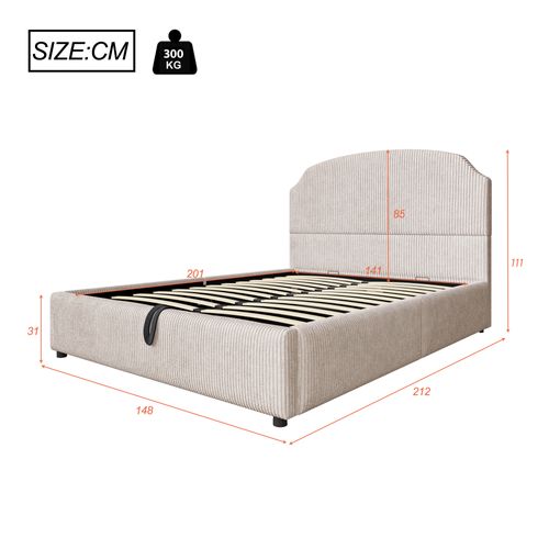 Lit Coffre 140x200 Cm Avec Grand Rangement, Large Tête De Lit Garnie, Tissu Flanelle, Beige