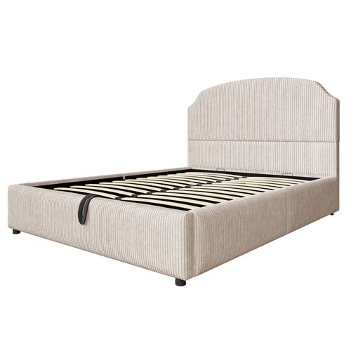Lit Coffre 140x200 Cm Avec Grand Rangement, Large Tête De Lit Garnie, Tissu Flanelle, Beige