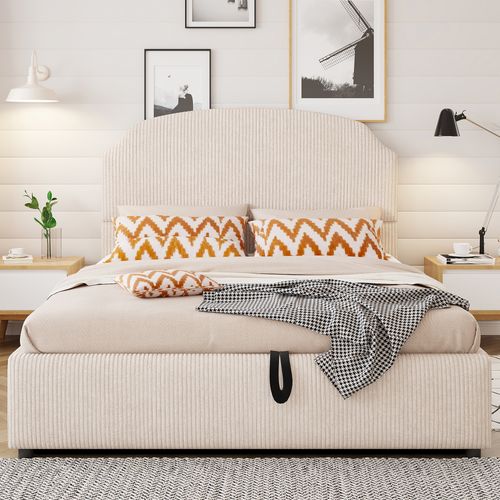 Lit Coffre 140x200 Cm Avec Grand Rangement, Large Tête De Lit Garnie, Tissu Flanelle, Beige