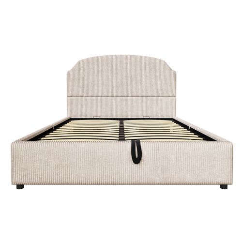 Lit Coffre 140x200 Cm Avec Grand Rangement, Large Tête De Lit Garnie, Tissu Flanelle, Beige