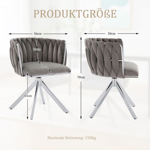 Lot De 2 Chaises Rotatif 56x50x70 Cm, Rotation 180 Degrés, Dossier Ergonomique, Métal, Velours, Gris