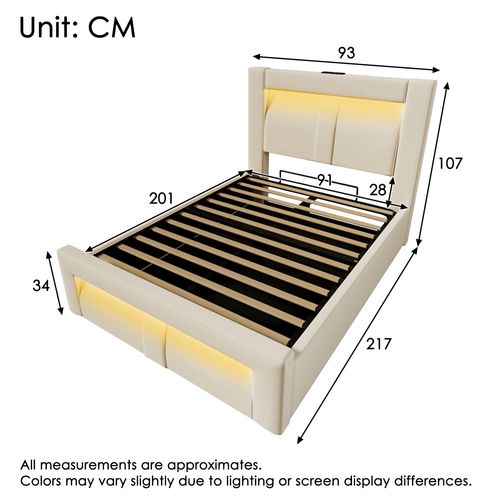Lit Coffre 90x200 Cm, LED Et Ports USB-c, Rangement Caché, Velours Beige, Structure Métal Et Bois