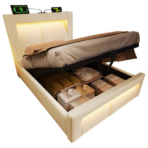 Lit Coffre 90x200 Cm, LED Et Ports USB-c, Rangement Caché, Velours Beige, Structure Métal Et Bois