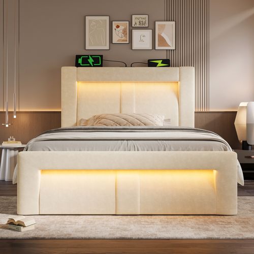 Lit Coffre 90x200 Cm, LED Et Ports USB-c, Rangement Caché, Velours Beige, Structure Métal Et Bois