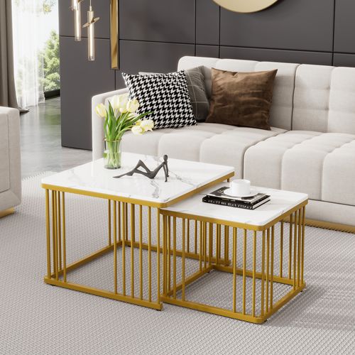 Lot De 2 Tables Basses Gigognes 60x60x45+45x45x40cm, Plateau Effet Marbre Brillant, Mdf, Blanc+doré