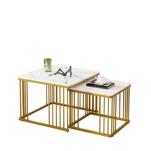 Lot De 2 Tables Basses Gigognes 60x60x45+45x45x40cm, Plateau Effet Marbre Brillant, Mdf, Blanc+doré