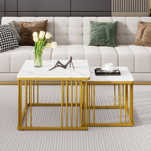 Lot De 2 Tables Basses Gigognes 60x60x45+45x45x40cm, Plateau Effet Marbre Brillant, Mdf, Blanc+doré