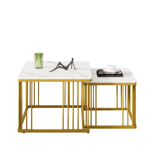 Lot De 2 Tables Basses Gigognes 60x60x45+45x45x40cm, Plateau Effet Marbre Brillant, Mdf, Blanc+doré