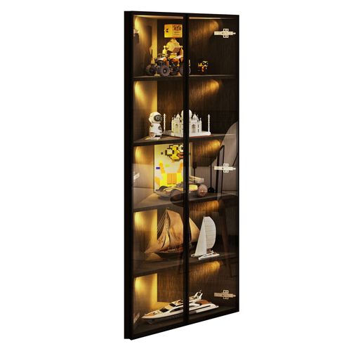 Vitrine D'angle 62x35x160 Cm, LED Intégrée, 2 Portes, Mdf Verre Cadre Aluminium, Noir