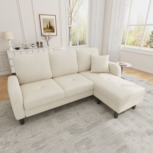 Canapé D'angle Modulable 166x118x77 Cm, Réversible Avec Chaise Longue, Tissu Coton-lin, Beige Clair
