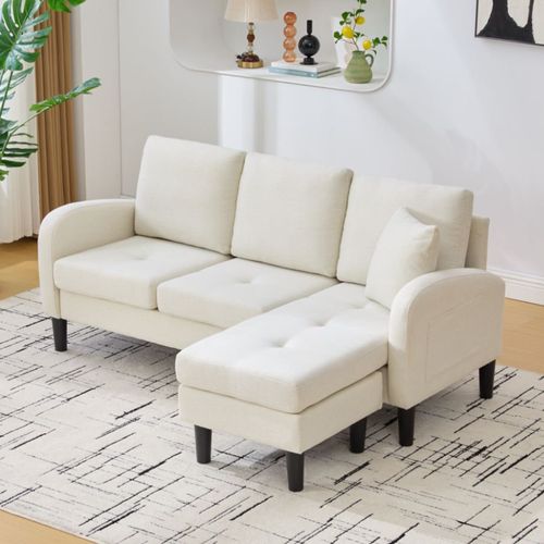 Canapé D'angle Modulable 166x118x77 Cm, Réversible Avec Chaise Longue, Tissu Coton-lin, Beige Clair