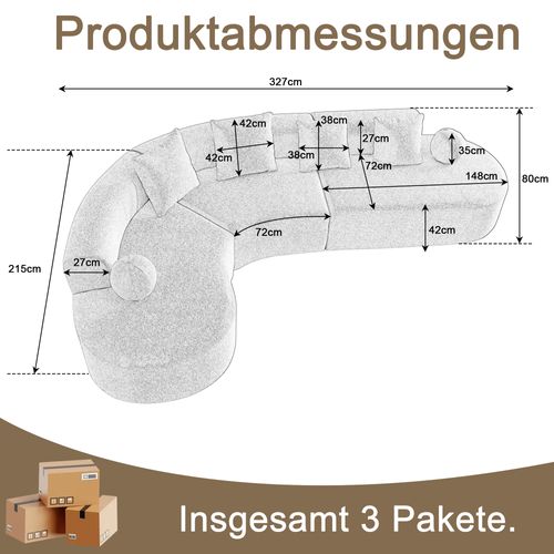 Canapé D'angle 327x215x80 Cm, Grand Modèle Familial, Chenille, Mousse, Couleur Noire