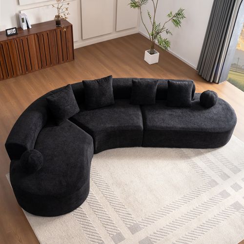 Canapé D'angle 327x215x80 Cm, Grand Modèle Familial, Chenille, Mousse, Couleur Noire