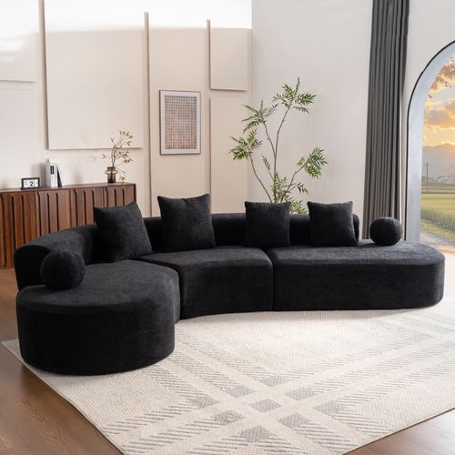 Canapé D'angle 327x215x80 Cm, Grand Modèle Familial, Chenille, Mousse, Couleur Noire