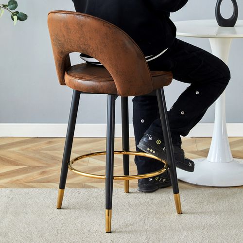 Lot De 2 Tabourets De Bar, Hauteur D'assise 63.5 Cm, Dossier Ajouré, Tissu Et Métal, Brun Et Noir