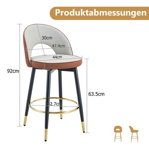 Lot De 2 Tabourets De Bar, Hauteur D'assise 63.5 Cm, Dossier Ajouré, Métal Et Cuir Pu, Brun+gris