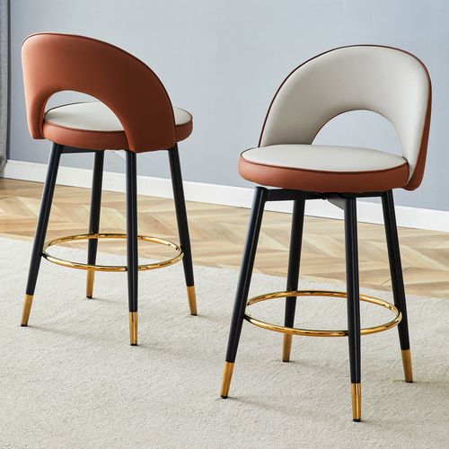 Lot De 2 Tabourets De Bar, Hauteur D'assise 63.5 Cm, Dossier Ajouré, Métal Et Cuir Pu, Brun+gris