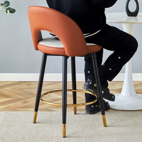 Lot De 2 Tabourets De Bar, Hauteur D'assise 63.5 Cm, Dossier Ajouré, Métal Et Cuir Pu, Brun+gris