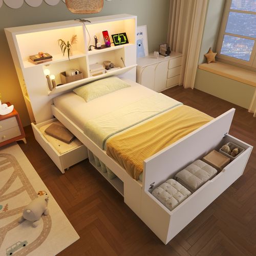 Lit Enfant 90x200cm, Rangements Avec LED, Tiroirs Et Banquette Moderne, Bois, Couleur Blanc