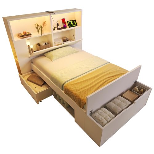 Lit Enfant 90x200cm, Rangements Avec LED, Tiroirs Et Banquette Moderne, Bois, Couleur Blanc