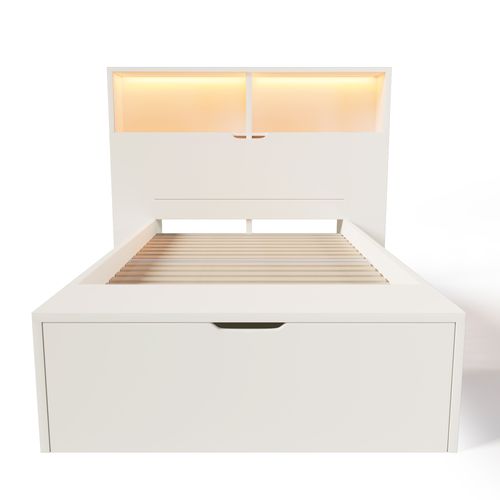 Lit Enfant 90x200cm, Rangements Avec LED, Tiroirs Et Banquette Moderne, Bois, Couleur Blanc