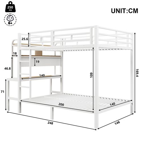 Lit Superposé 140x200 Cm, Bureau, Éclairage LED, Ports USB, Rangements, Métal Et Mdf, Blanc+bois