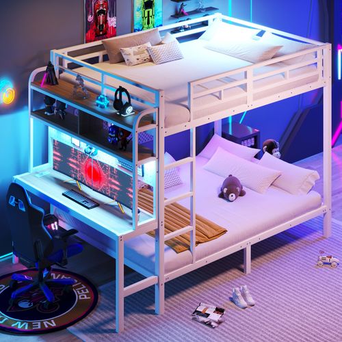 Lit Superposé 140x200 Cm, Bureau, Éclairage LED, Ports USB, Rangements, Métal Et Mdf, Blanc+bois