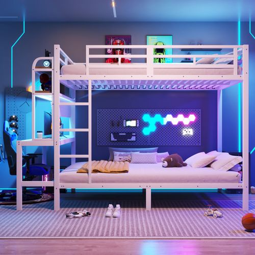 Lit Superposé 140x200 Cm, Bureau, Éclairage LED, Ports USB, Rangements, Métal Et Mdf, Blanc+bois