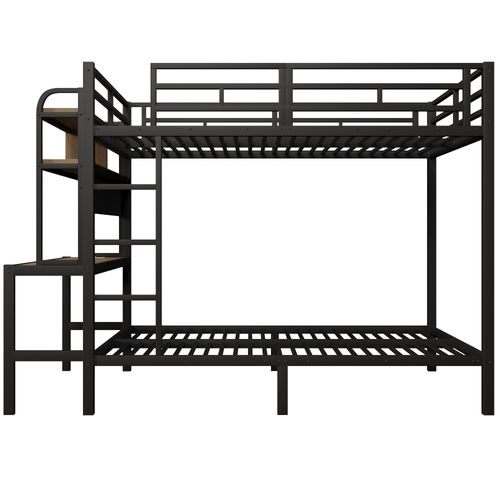 Lit Superposé 140x200 Cm, Bureau Et Rangements, Cadre En Métal Et Mdf, Couleur Noir+bois