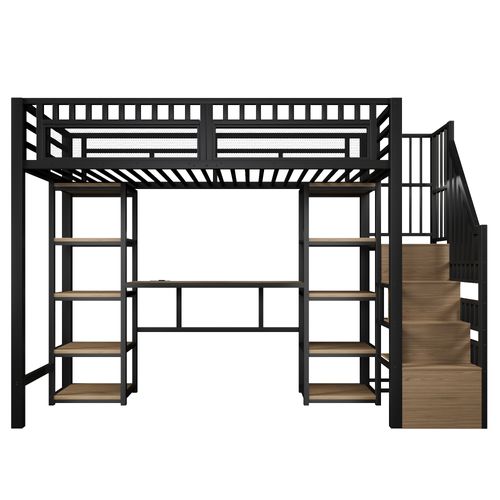 Lit Mezzanine 90x200 Cm, Bureau Et Rangement Avec LED Et Prises USB, Métal Et Mdf, Noir+bois