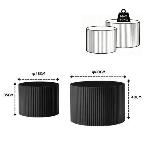 Lot De 2 Tables Basses Rondes 60x60x40+48x48x35 Cm, Design Gigogne, Mdf, Couleur Noir