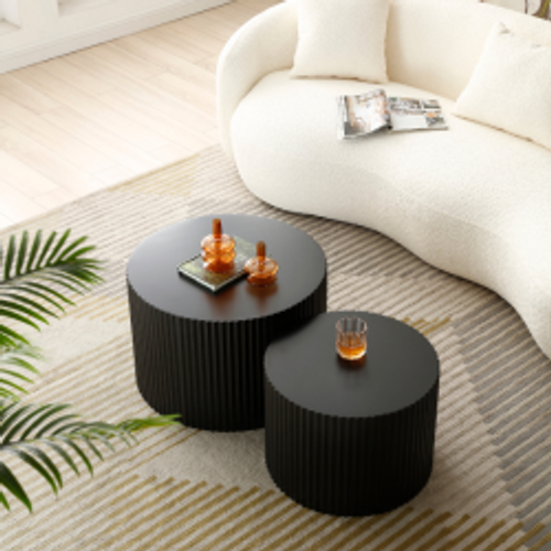 Lot De 2 Tables Basses Rondes 60x60x40+48x48x35 Cm, Design Gigogne, Mdf, Couleur Noir