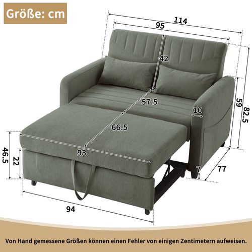 Canapé 2 Places 143.5x114x82.5 Cm, Convertible Extensible, Tissu Coton-lin, Bois-métal, Vert