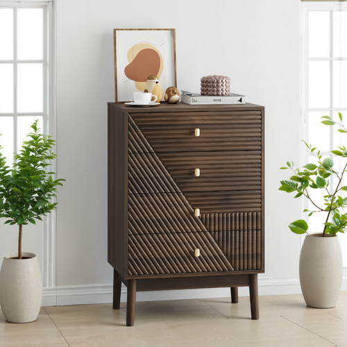 Commode 60x40x90 Cm, 4 Tiroirs De Rangement, Mdf, Pieds Bois, Couleur Brun, Style Mid Century
