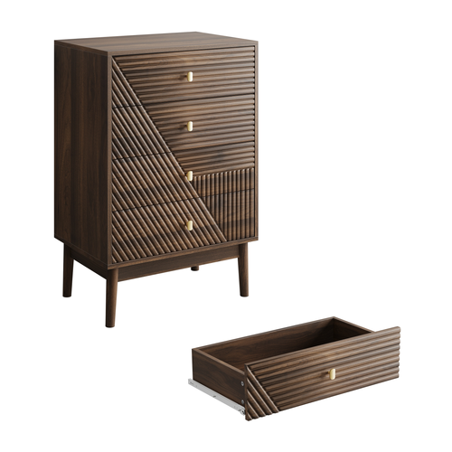 Commode 60x40x90 Cm, 4 Tiroirs De Rangement, Mdf, Pieds Bois, Couleur Brun, Style Mid Century