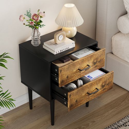Chevet 50.8x38.1x63.95 Cm, 2 Tiroirs, Style Rétro, Mdf, Couleur Noir Et Brun