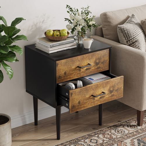 Chevet 50.8x38.1x63.95 Cm, 2 Tiroirs, Style Rétro, Mdf, Couleur Noir Et Brun