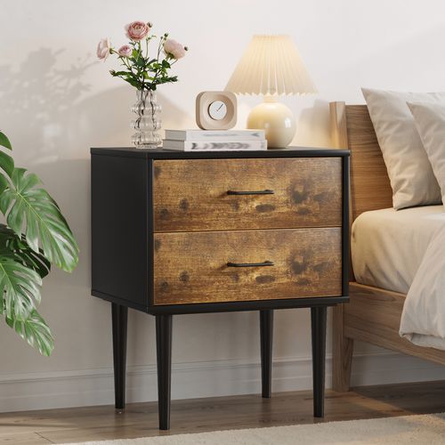 Chevet 50.8x38.1x63.95 Cm, 2 Tiroirs, Style Rétro, Mdf, Couleur Noir Et Brun
