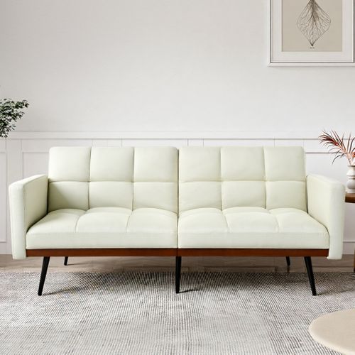 Canapé Convertible 146x60x70cm, Dossier 5 Positions, Accoudoirs Fixes, Lin, Pieds Métal, Beige