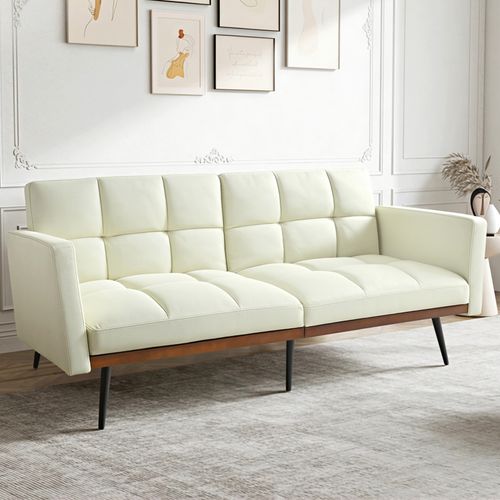 Canapé Convertible 146x60x70cm, Dossier 5 Positions, Accoudoirs Fixes, Lin, Pieds Métal, Beige