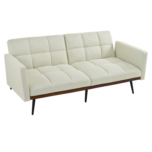 Canapé Convertible 146x60x70cm, Dossier 5 Positions, Accoudoirs Fixes, Lin, Pieds Métal, Beige