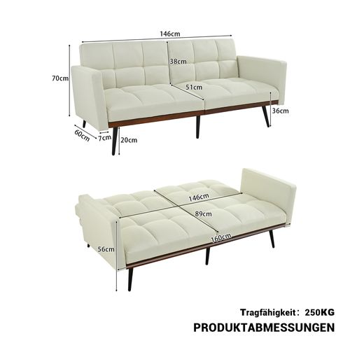 Canapé Convertible 146x60x70cm, Dossier 5 Positions, Accoudoirs Fixes, Lin, Pieds Métal, Beige