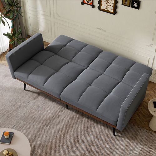 Canapé Convertible 2 Places 146x89 Cm, Dossier Réglable 5 Positions, Tissu Lin, Pieds Métal, Gris