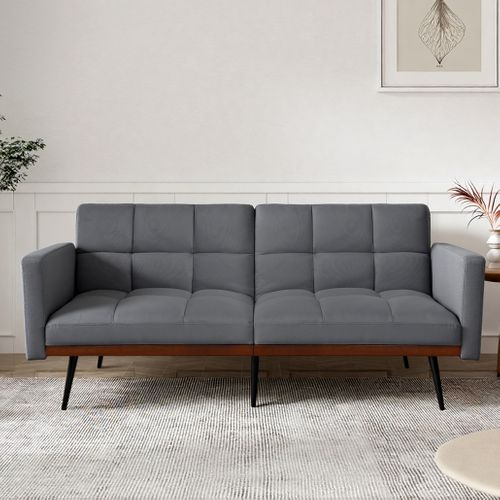 Canapé Convertible 2 Places 146x89 Cm, Dossier Réglable 5 Positions, Tissu Lin, Pieds Métal, Gris
