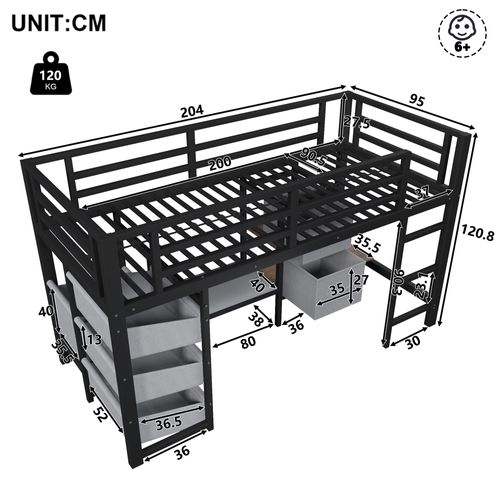 Lit Mezzanine 90x200cm, Coussin Et Rangements En Tissu, 2 Tiroirs, LED Multicolore, Métal, Noir+gris