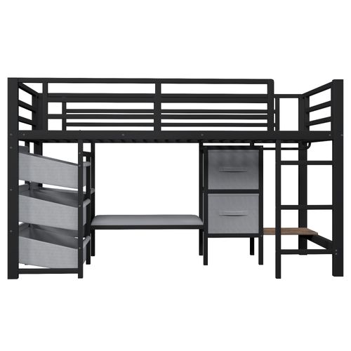 Lit Mezzanine 90x200cm, Coussin Et Rangements En Tissu, 2 Tiroirs, LED Multicolore, Métal, Noir+gris