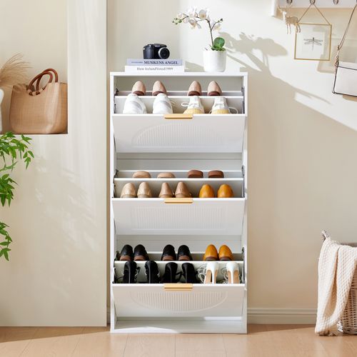 Meuble à Chaussures Étroit 60x24x114 Cm, 3 Clapets Et Anti-basculement, Gain De Place, Mdf, Blanc