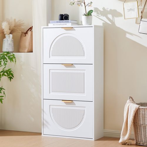 Meuble à Chaussures Étroit 60x24x114 Cm, 3 Clapets Et Anti-basculement, Gain De Place, Mdf, Blanc