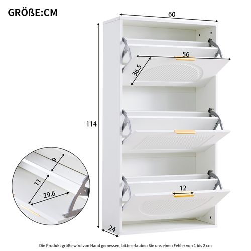 Meuble à Chaussures Étroit 60x24x114 Cm, 3 Clapets Et Anti-basculement, Gain De Place, Mdf, Blanc