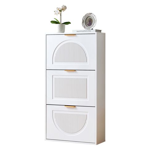 Meuble à Chaussures Étroit 60x24x114 Cm, 3 Clapets Et Anti-basculement, Gain De Place, Mdf, Blanc